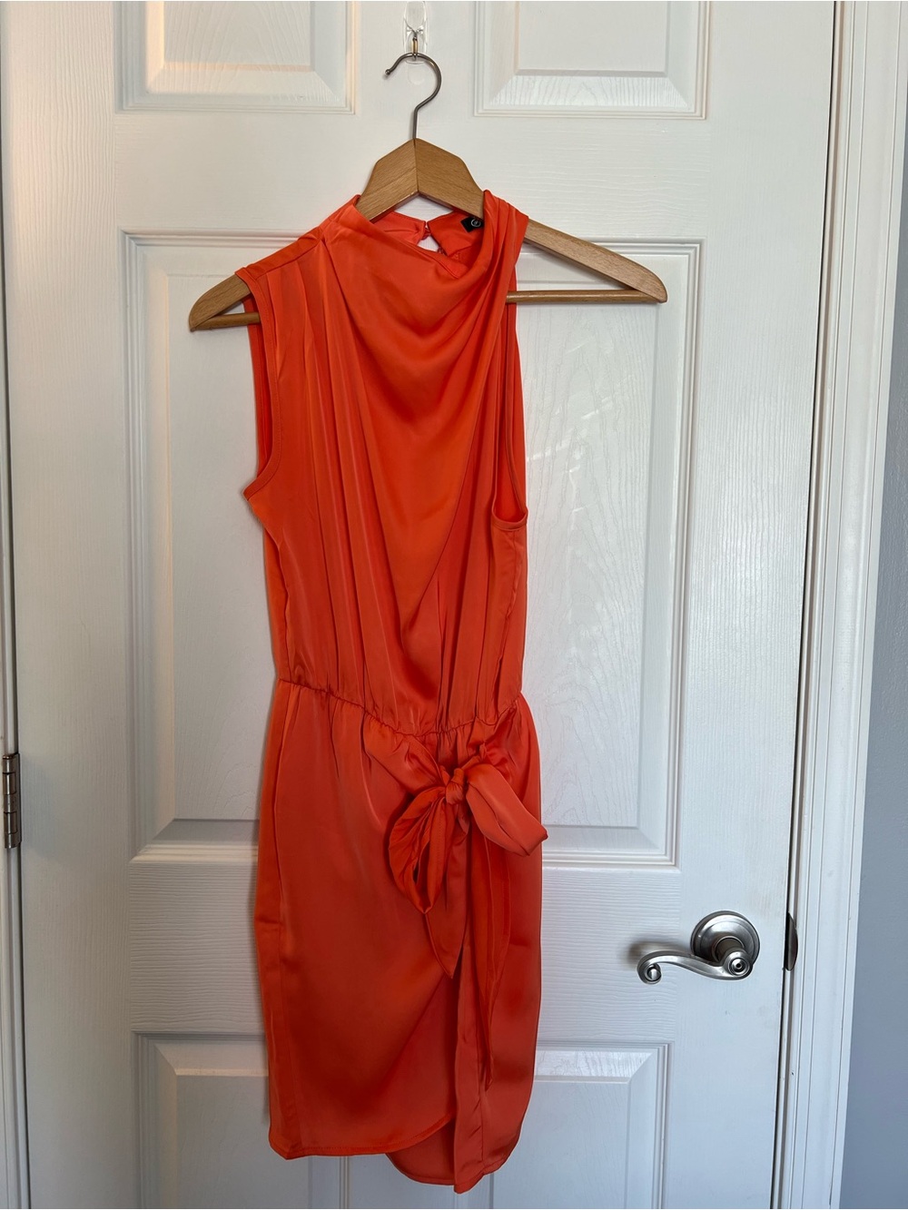 Satin Tie-Waist Sleeveless Midi Dress in Vibrant Orange
